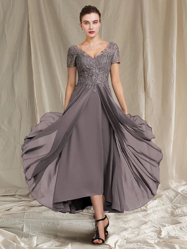 A-Line Chiffon Jewel Neck Applique Ankle-Length Short Sleeves Mother of the Bride Dresses