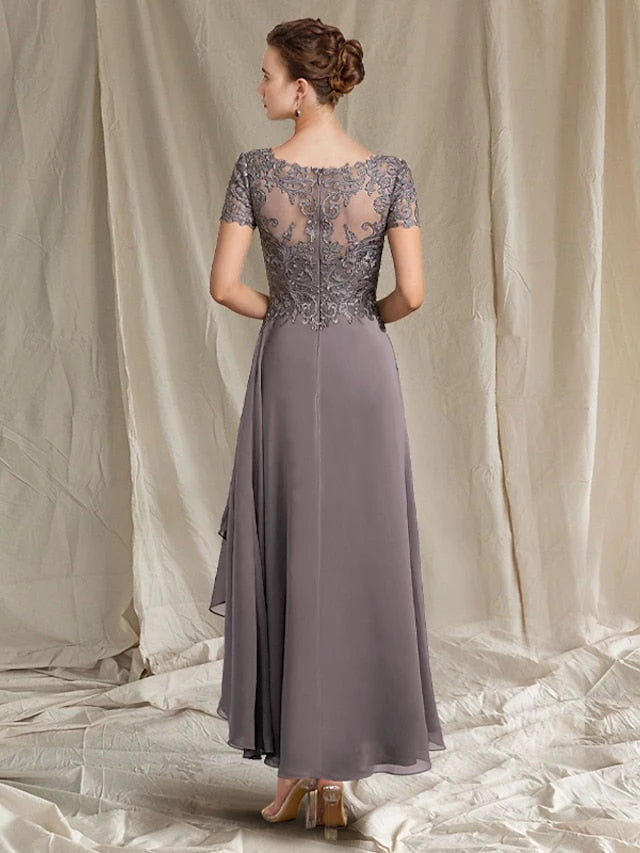 A-Line Chiffon Jewel Neck Applique Ankle-Length Short Sleeves Mother of the Bride Dresses