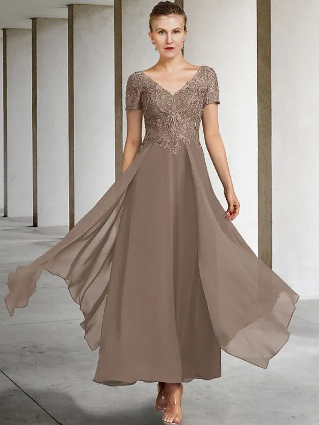 A-Line Chiffon Jewel Neck Khaki Applique Ankle-Length Short Sleeves Mother of the Bride Dresses