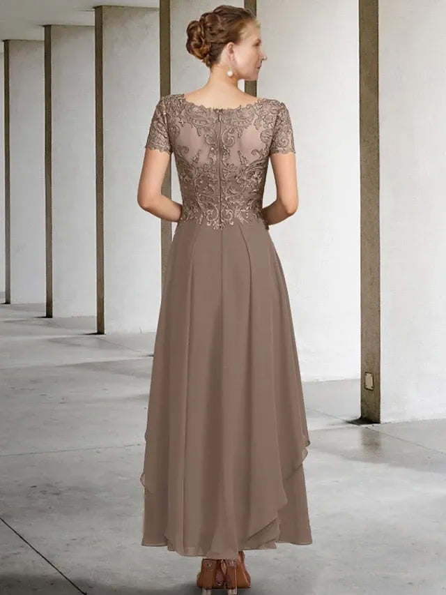 A-Line Chiffon Jewel Neck Khaki Applique Ankle-Length Short Sleeves Mother of the Bride Dresses