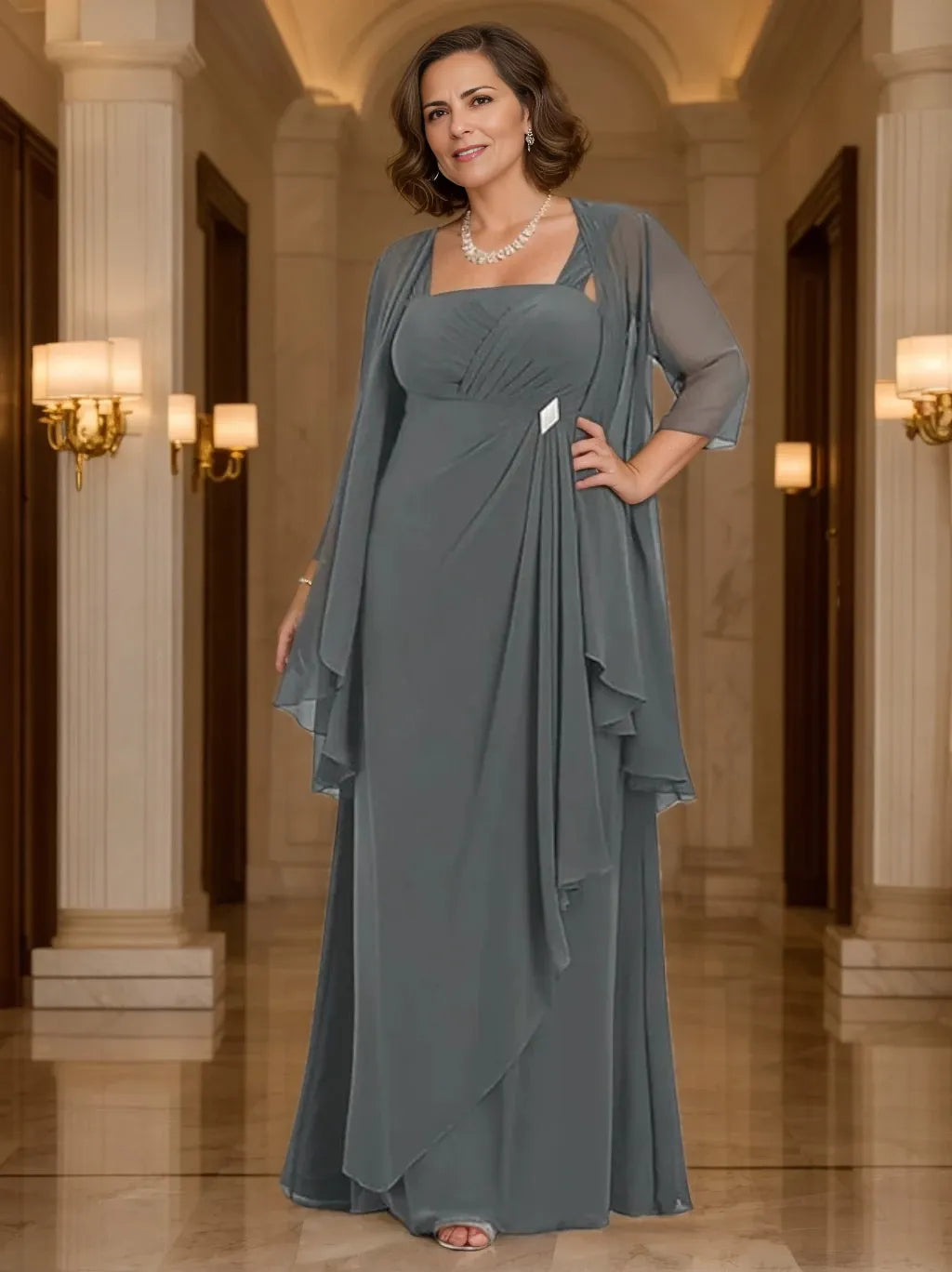 A-Line Chiffon Spaghetti Straps Floor-Length Ruffles Sleeveless with Jacket Mother of the Bride Dresses