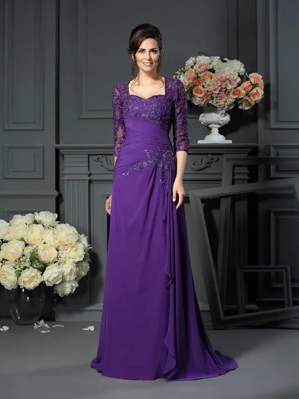 A-Line Chiffon Sweetheart short Sleeves Floor-Length With Applique Mother of the Bride Dresses