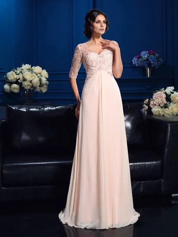 A-Line Chiffon V-neck short Sleeves Floor-Length With Beading Mother of the Bride Dresses