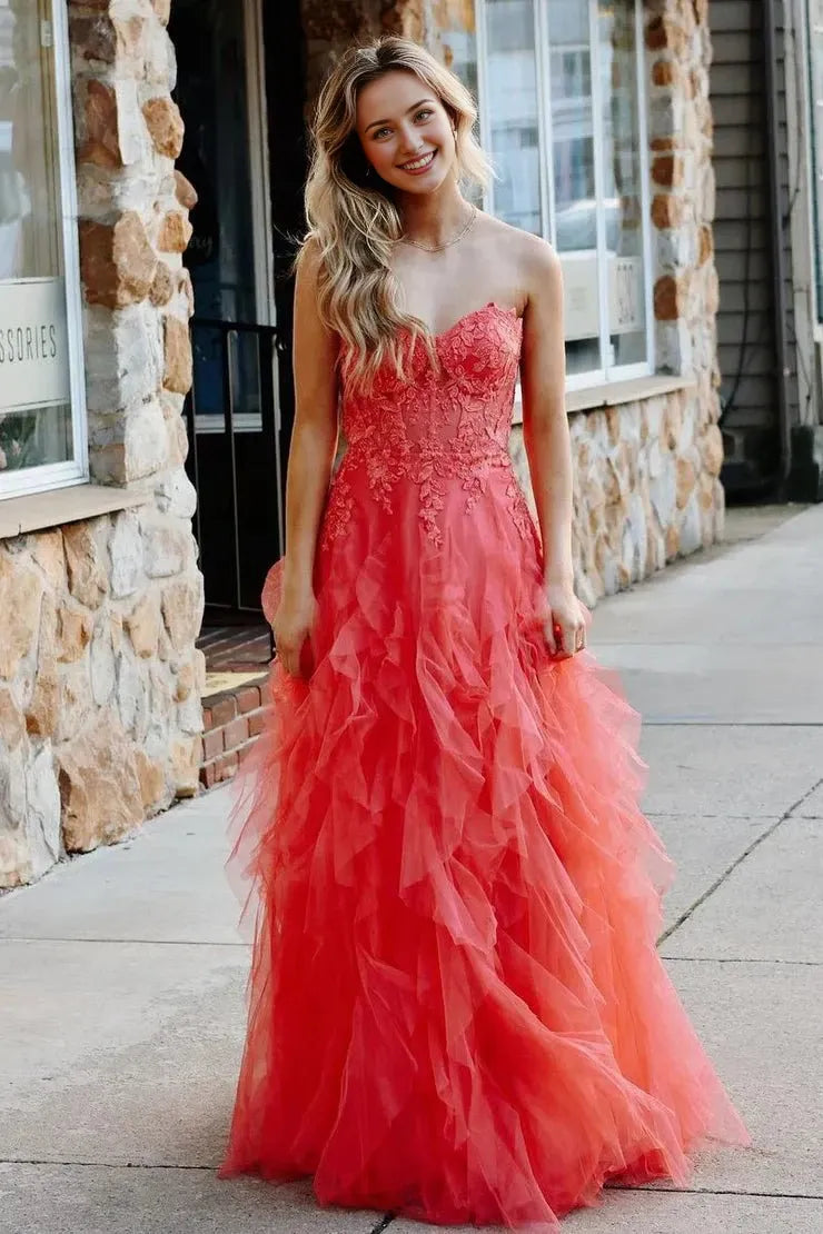 A-Line Coral Tulle Strapless Layered with Appliques Lace-Up Back Sleeveless Party Dresses Homecoming Dress Prom Dress