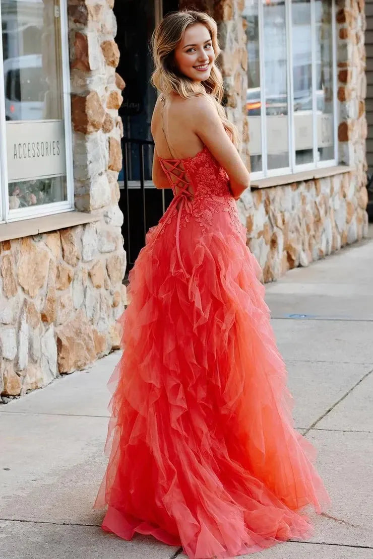 A-Line Coral Tulle Strapless Layered with Appliques Lace-Up Back Sleeveless Party Dresses Homecoming Dress Prom Dress
