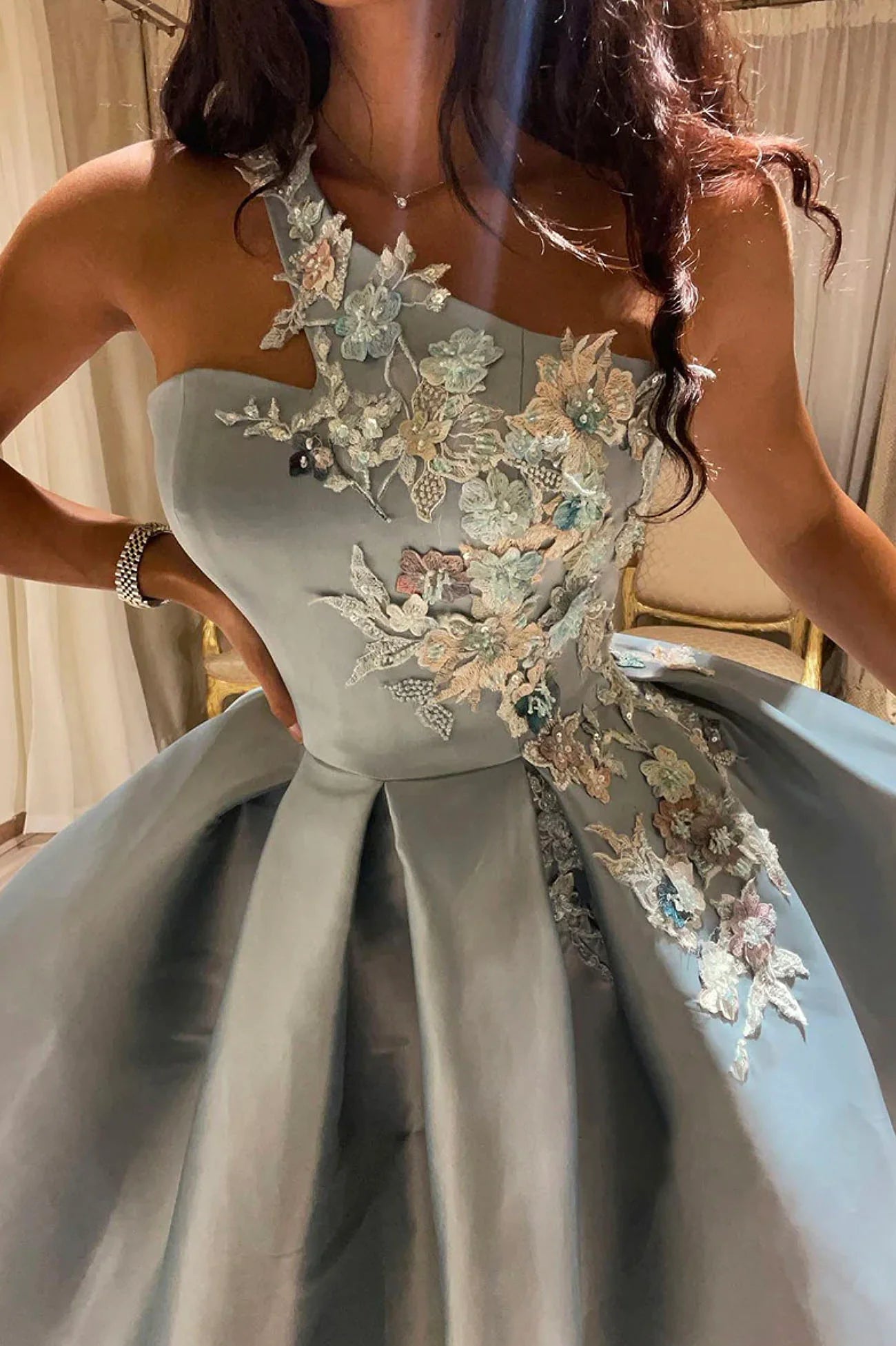 A-Line Cute One Shoulder Satin Lace Short Prom Dress Party Dress