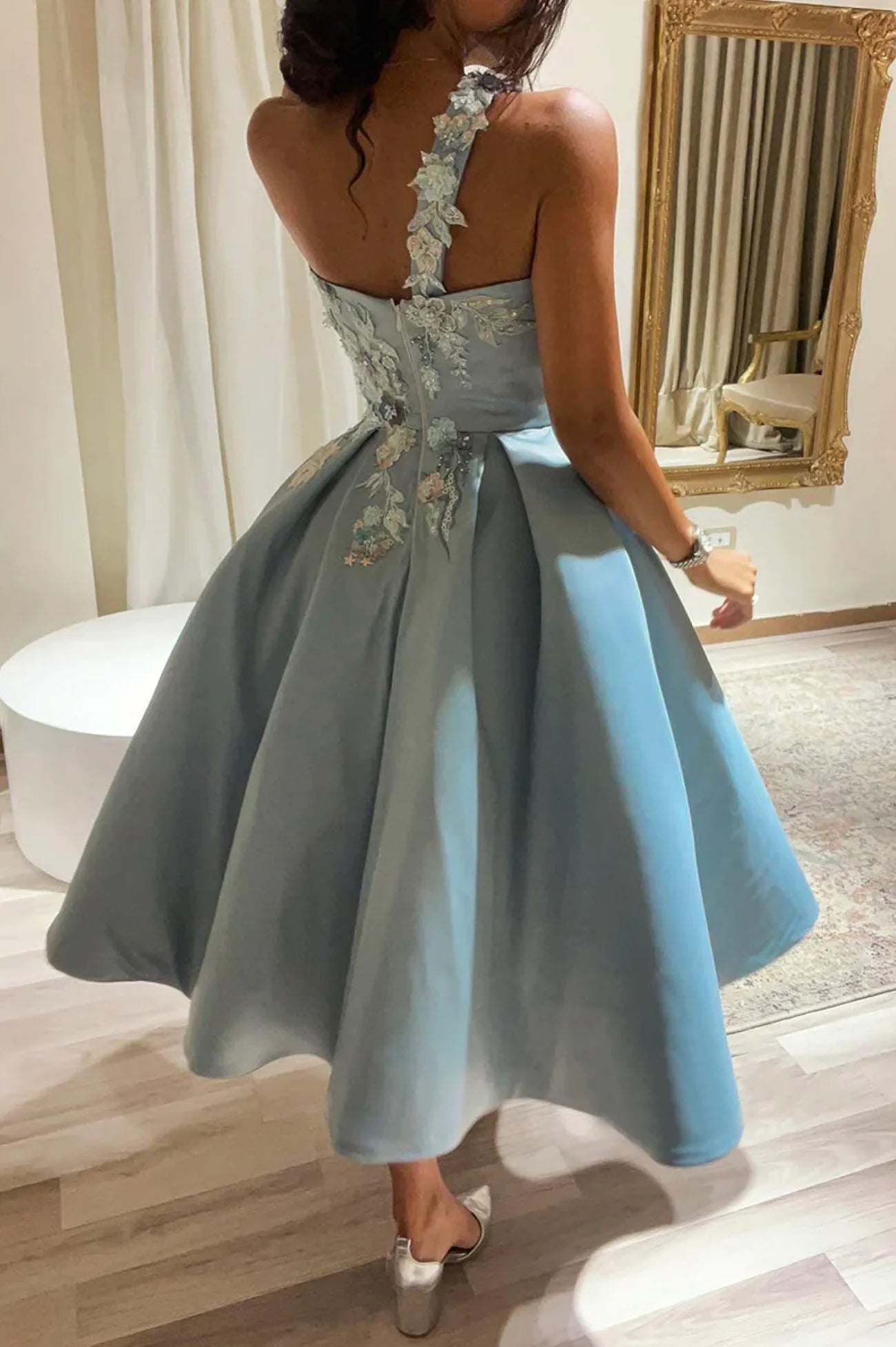 A-Line Cute One Shoulder Satin Lace Short Prom Dress Party Dress