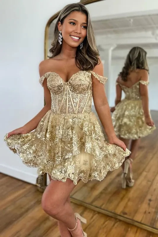 A-Line Golden Tiered Lace Short  Off-the-Shoulder Prom Dress Party Dresses Homecoming Dresses