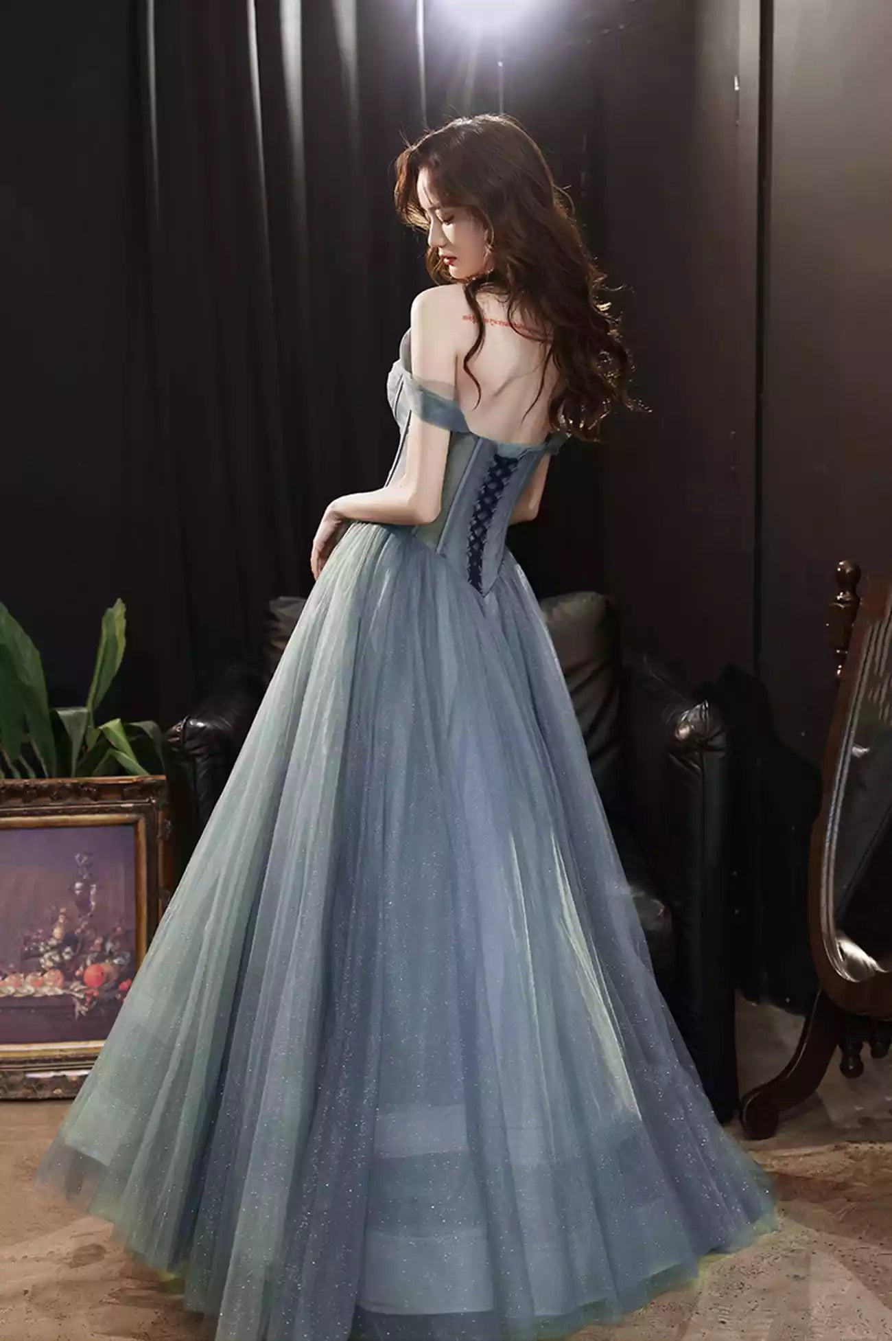 A-Line Gray Tulle Floor Length Long Prom Dresses Gray Formal Evening Dresses