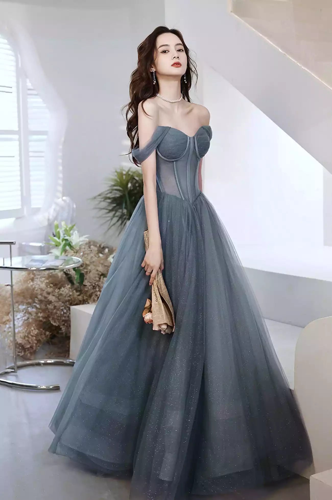 A-Line Gray Tulle Floor Length Long Prom Dresses Gray Formal Evening Dresses