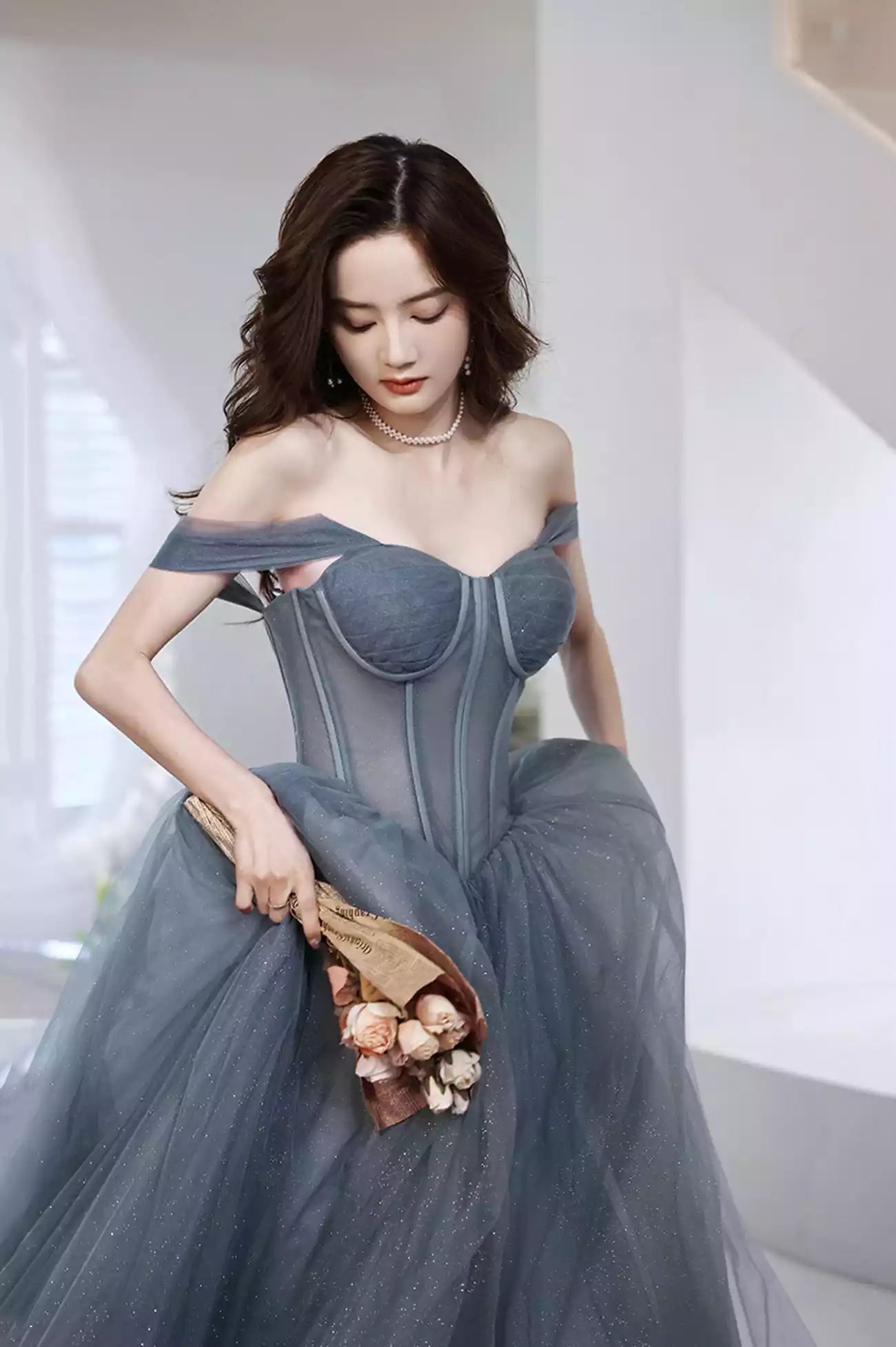 A-Line Gray Tulle Floor Length Long Prom Dresses Gray Formal Evening Dresses