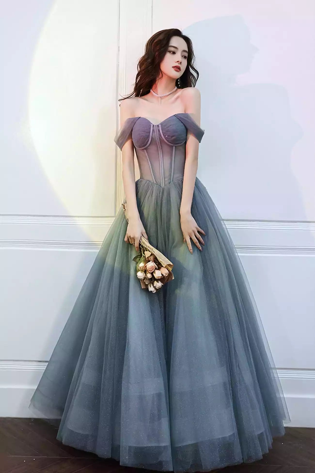 A-Line Gray Tulle Floor Length Long Prom Dresses Gray Formal Evening Dresses