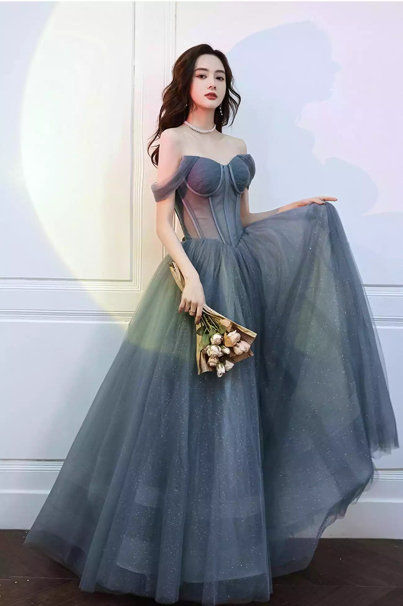 A-Line Gray Tulle Floor Length Long Prom Dresses Gray Formal Evening Dresses