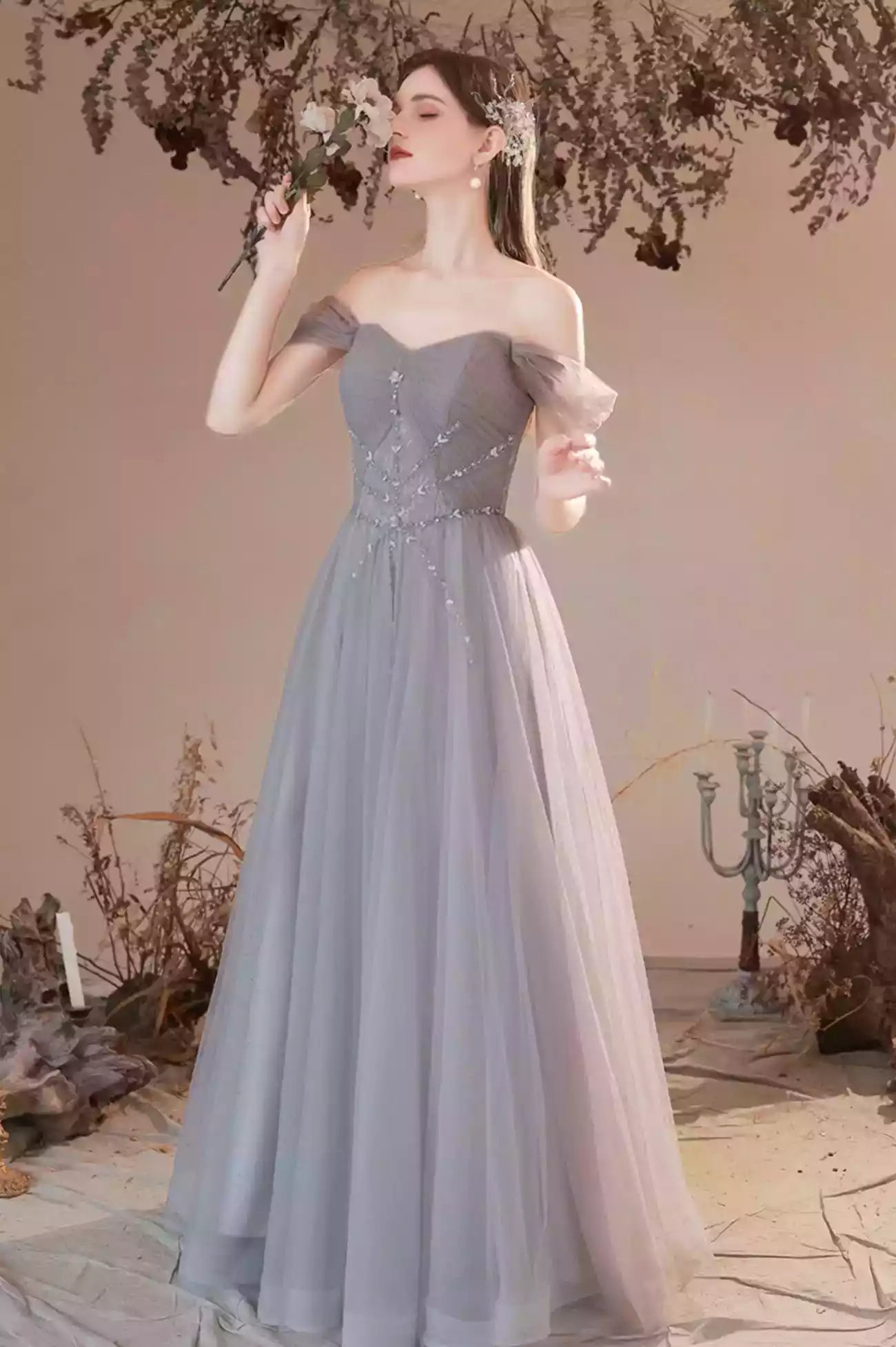 A-Line Gray Tulle Off the Shoulder Formal Dress Evening Party Dress
