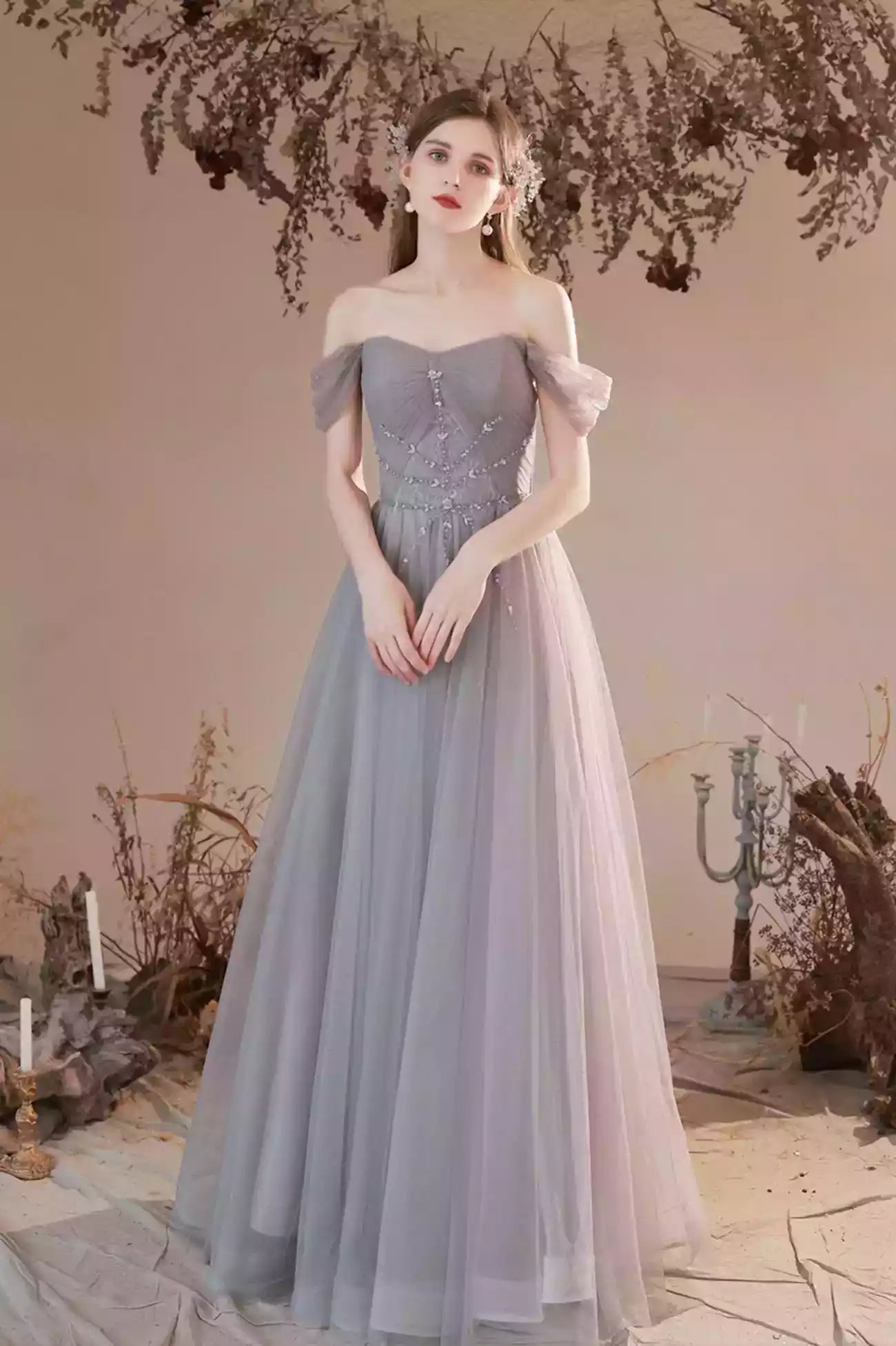 A-Line Gray Tulle Off the Shoulder Formal Dress Evening Party Dress