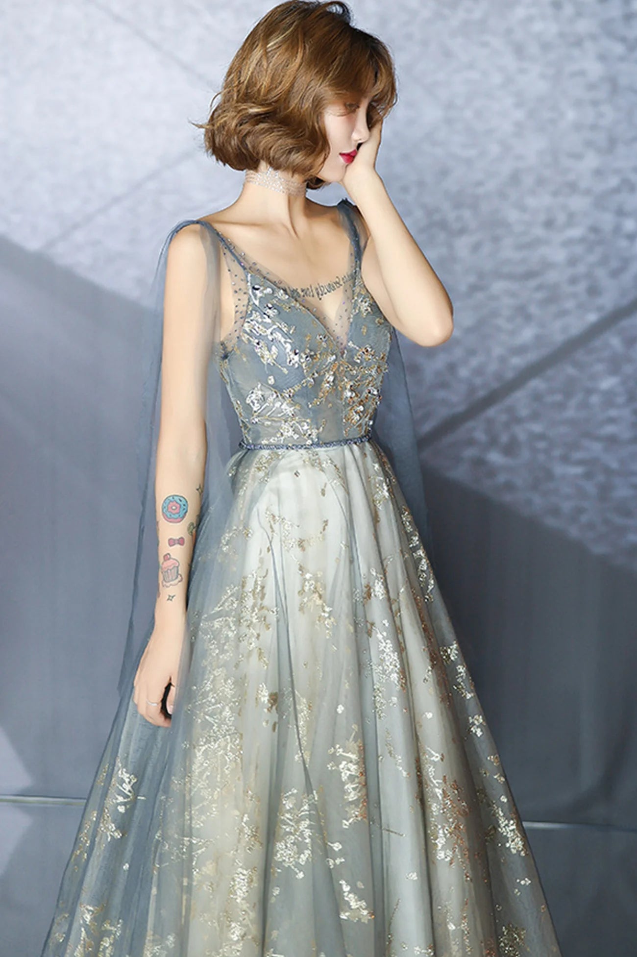 A-Line Gray Tulle Sequins Long Prom Dresses Evening Party Dresses