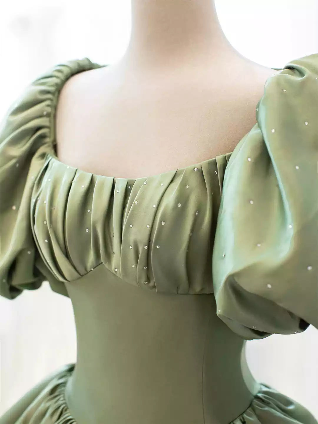 A-Line Green Satin Formal Evening Gown with Puff Sleeve  Long Prom Dress