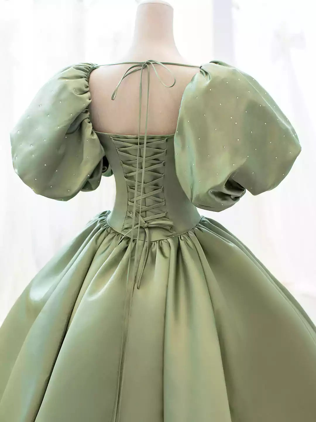 A-Line Green Satin Formal Evening Gown with Puff Sleeve  Long Prom Dress