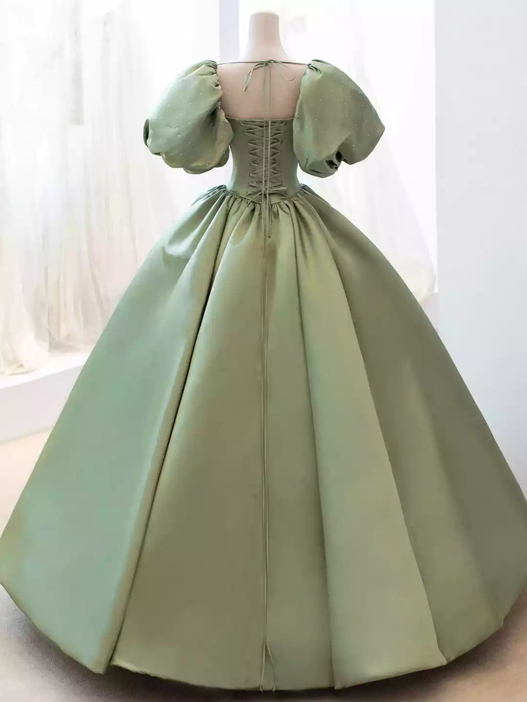 A-Line Green Satin Formal Evening Gown with Puff Sleeve  Long Prom Dress