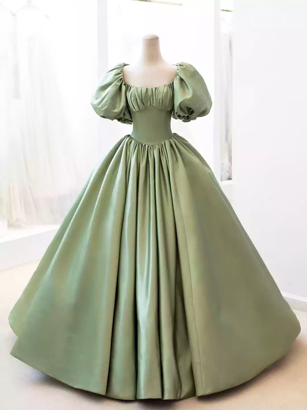 A-Line Green Satin Formal Evening Gown with Puff Sleeve  Long Prom Dress