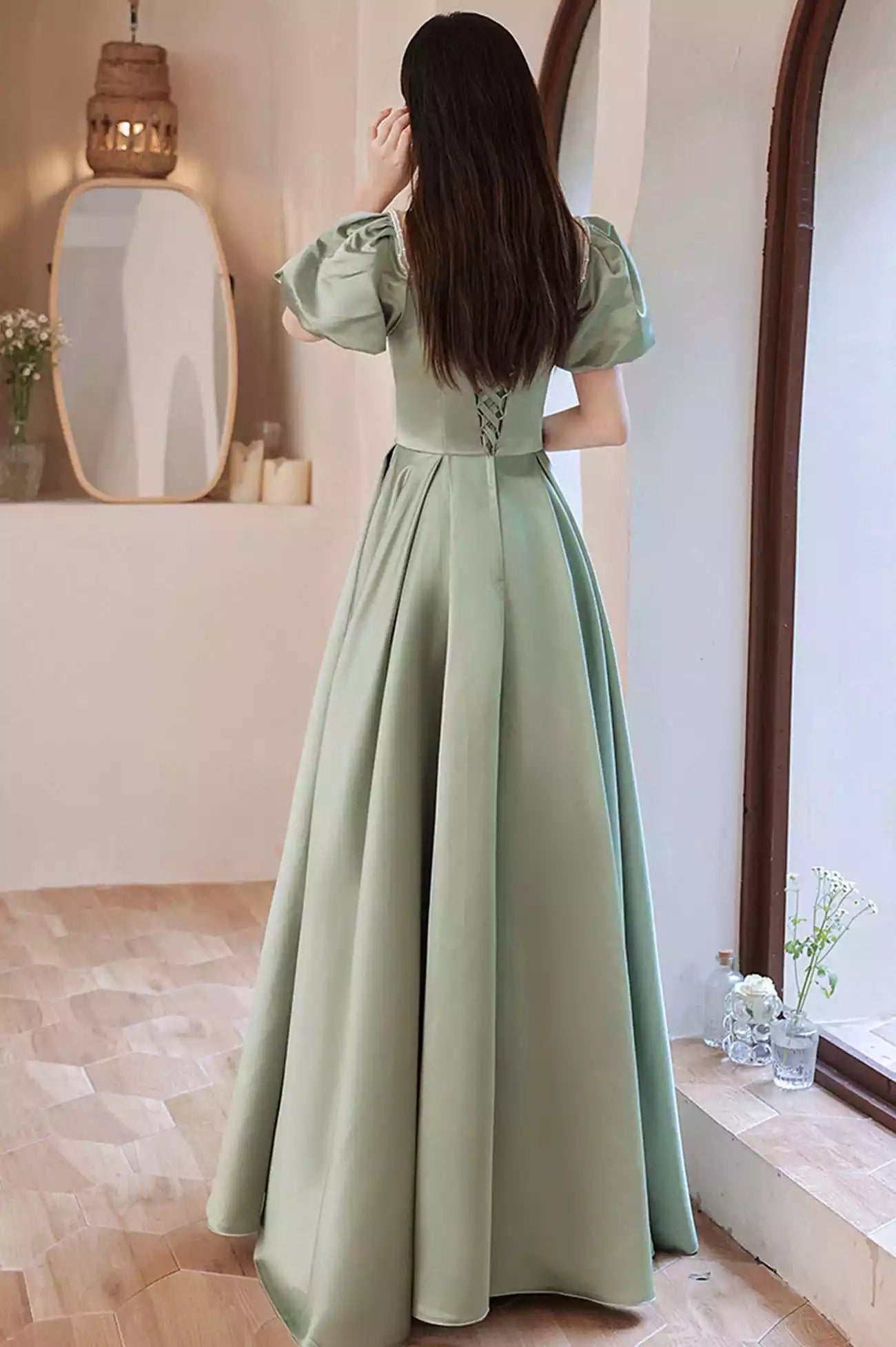 A-Line Green Satin Long Prom Dresses Formal Evening Dresses