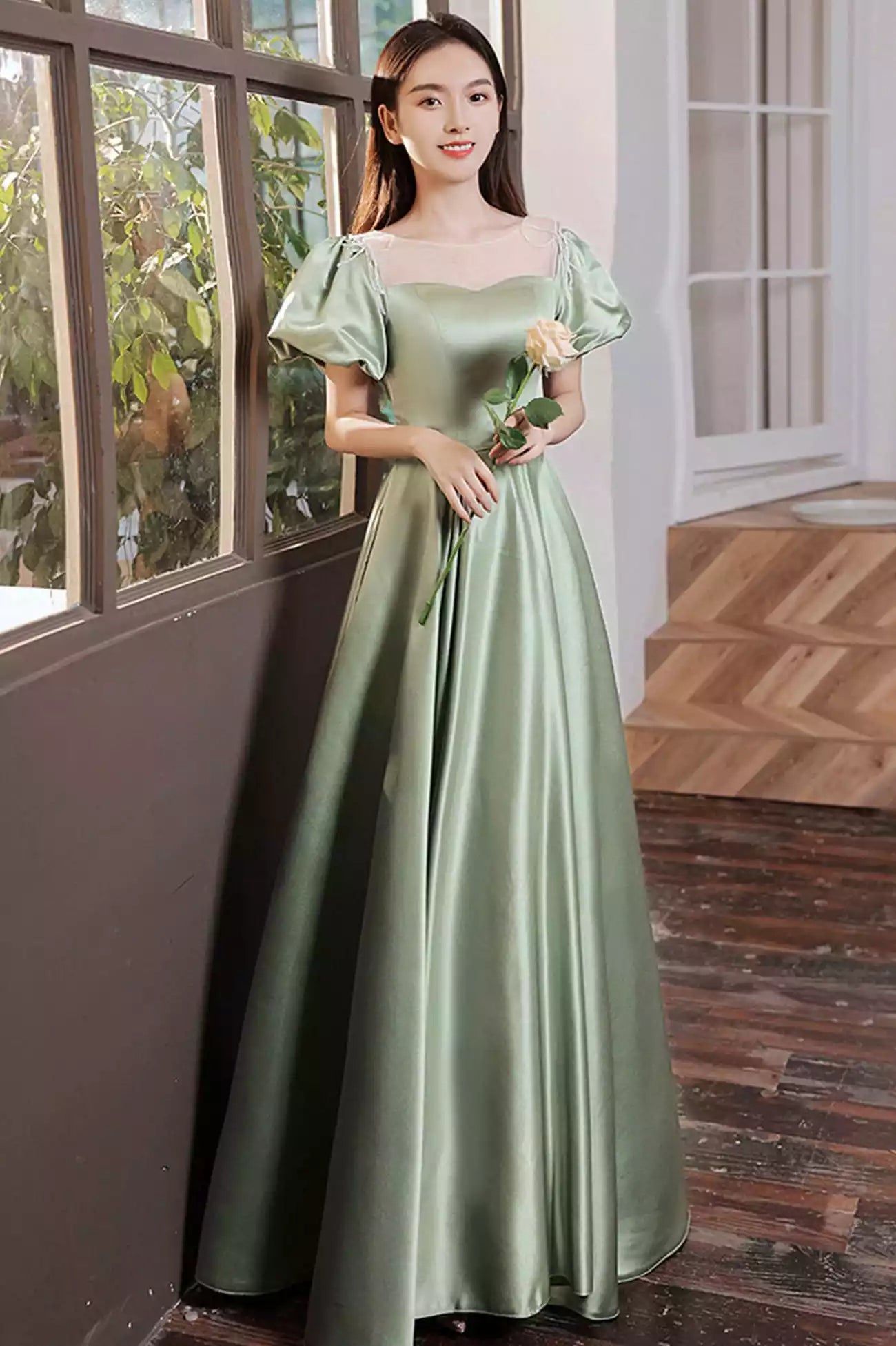 A-Line Green Satin Long Prom Dresses Formal Evening Dresses