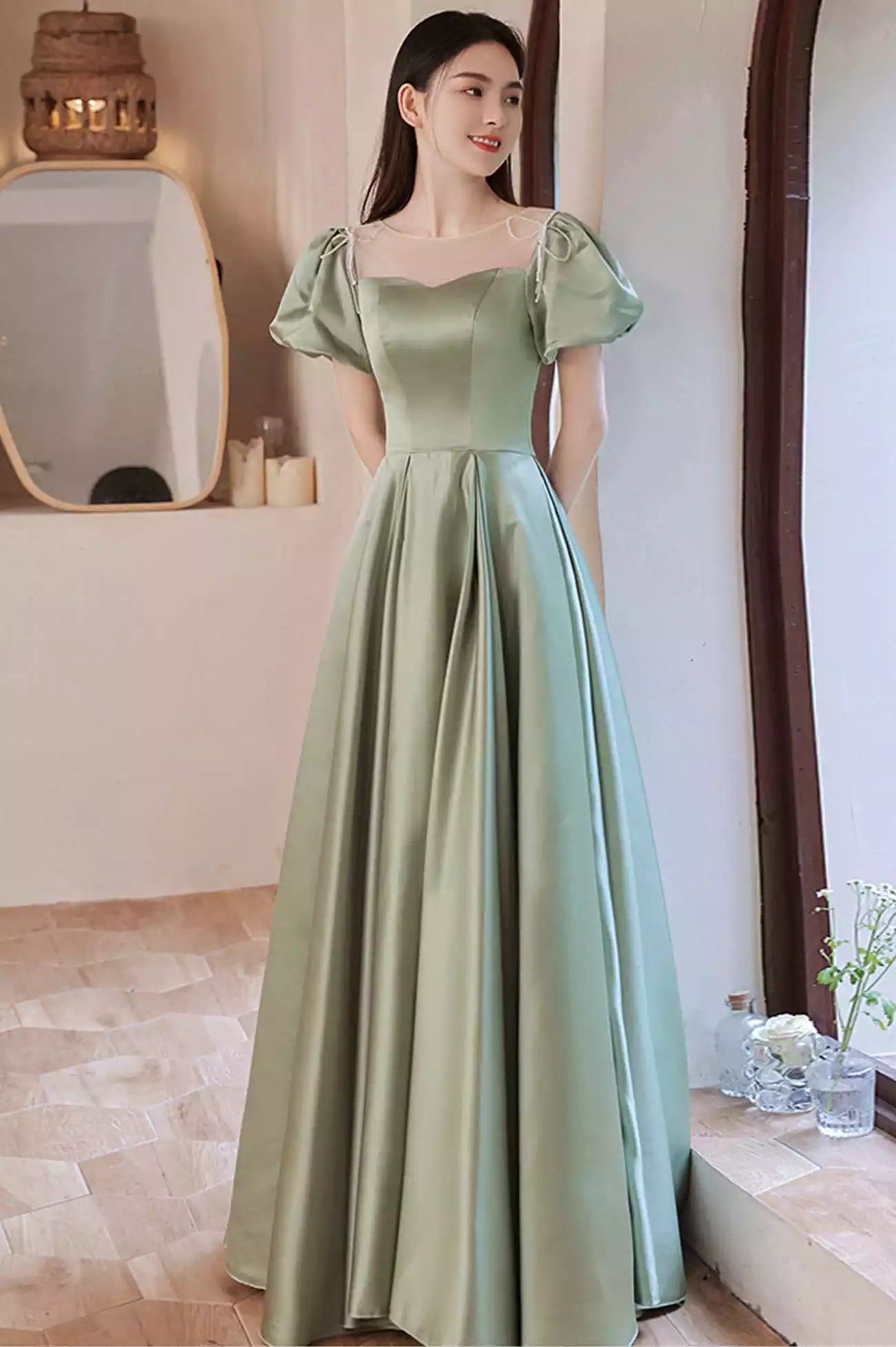 A-Line Green Satin Long Prom Dresses Formal Evening Dresses