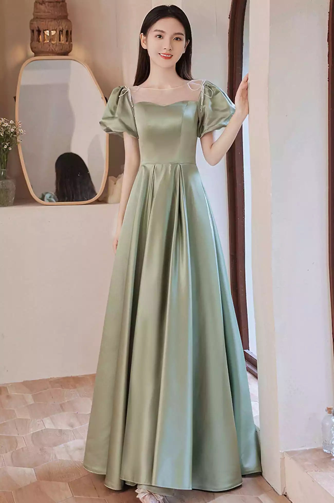 A-Line Green Satin Long Prom Dresses Formal Evening Dresses