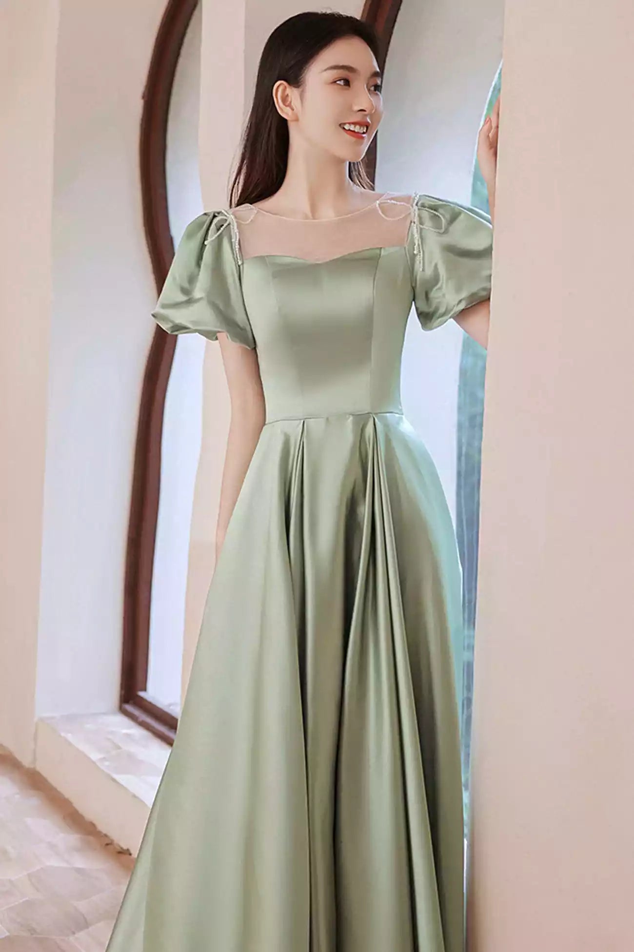 A-Line Green Satin Long Prom Dresses Formal Evening Dresses