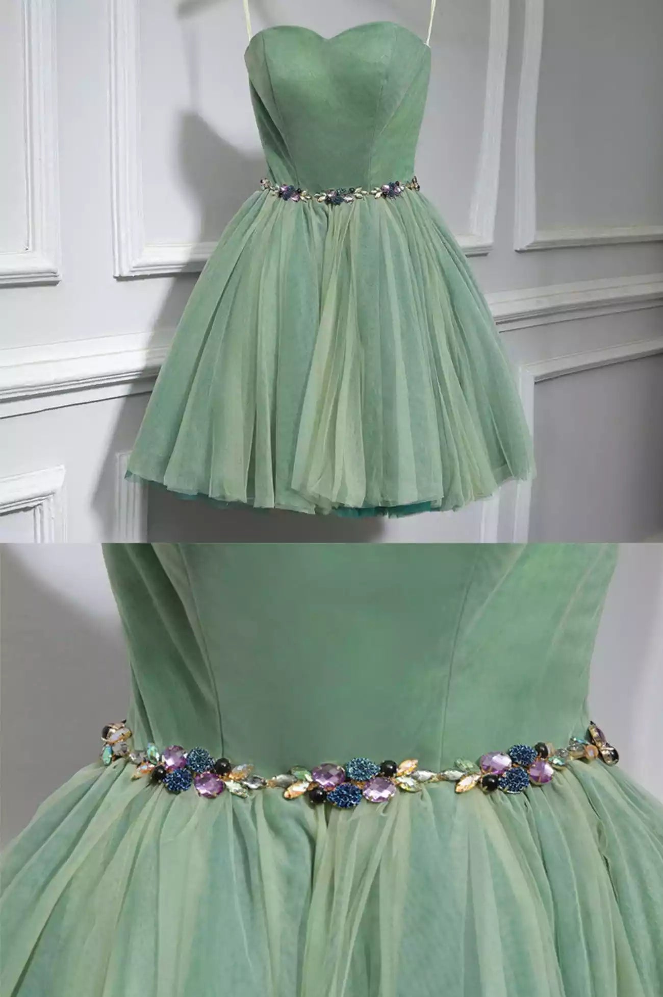A-Line Green Strapless Tulle Short Prom Dress Evening Party Dress