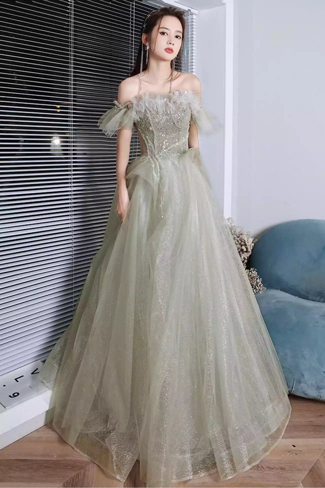 A-Line Green Tulle Beaded Long Prom Dress Formal Evening Dress