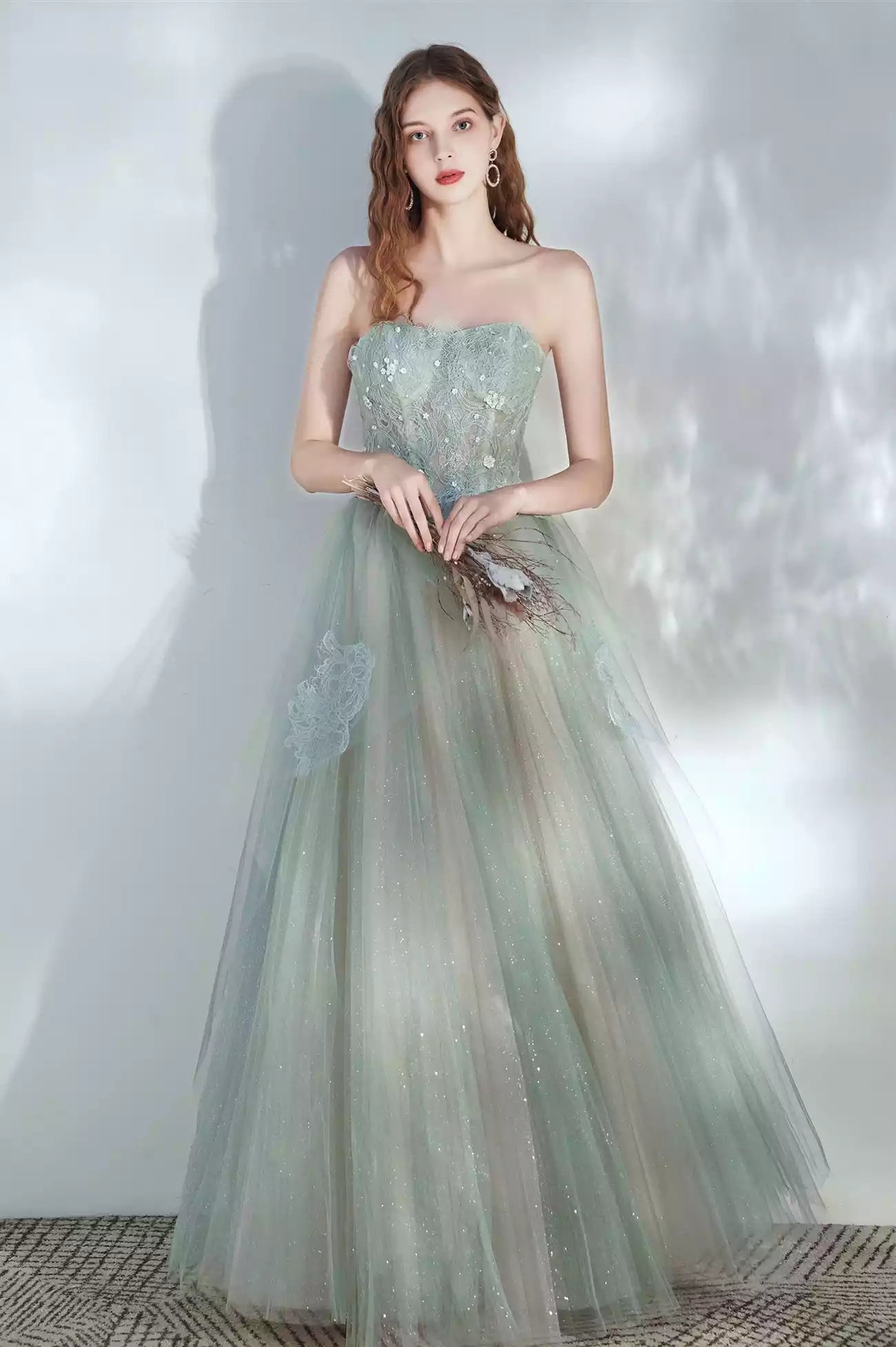 A-Line Green Tulle Lace Strapless Long Formal Dress Evening Party Dress
