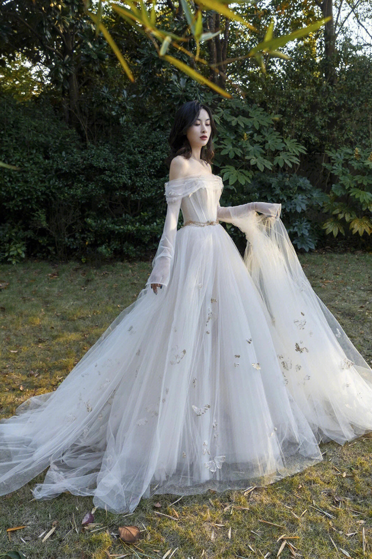 A-Line Ivory Tulle Long Sleeve Prom Dress Evening Dress with Butterfly Wedding Dress