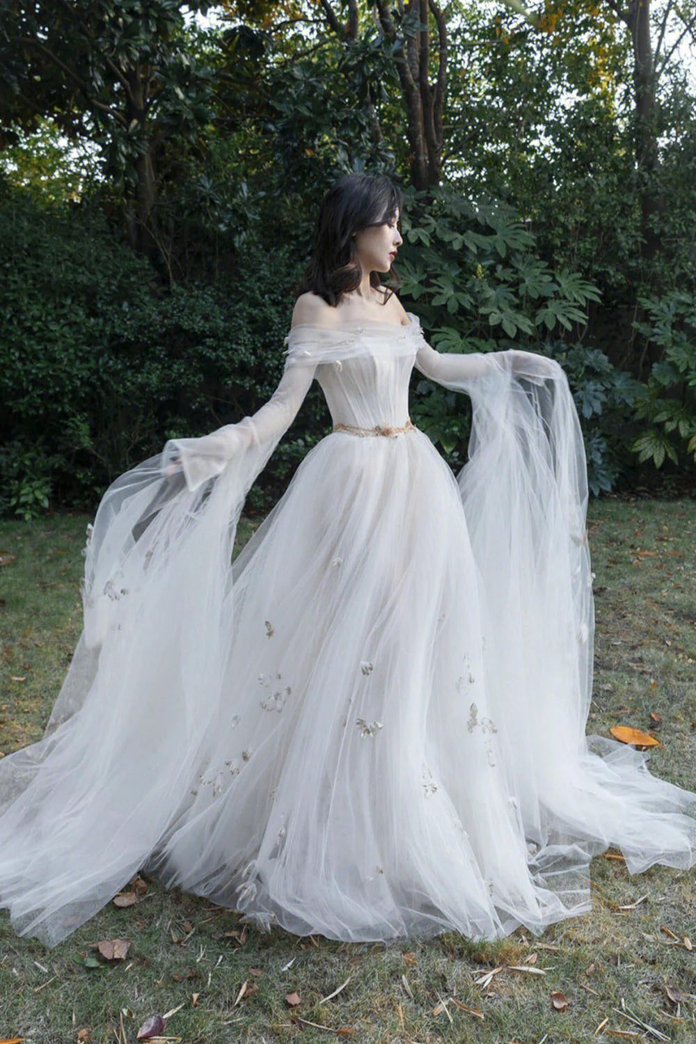 A-Line Ivory Tulle Long Sleeve Prom Dress Evening Dress with Butterfly Wedding Dress