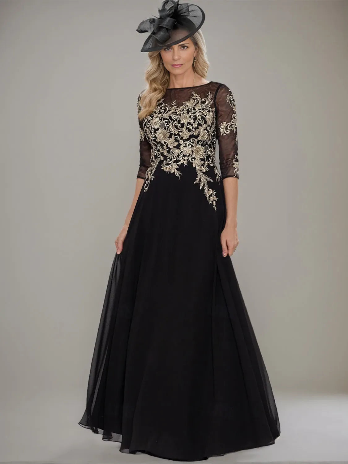 A-Line Jewel Neck Half Sleeves Floor Length Lace Ruffle With Lace Ruffle Mother of the Bride Dresse