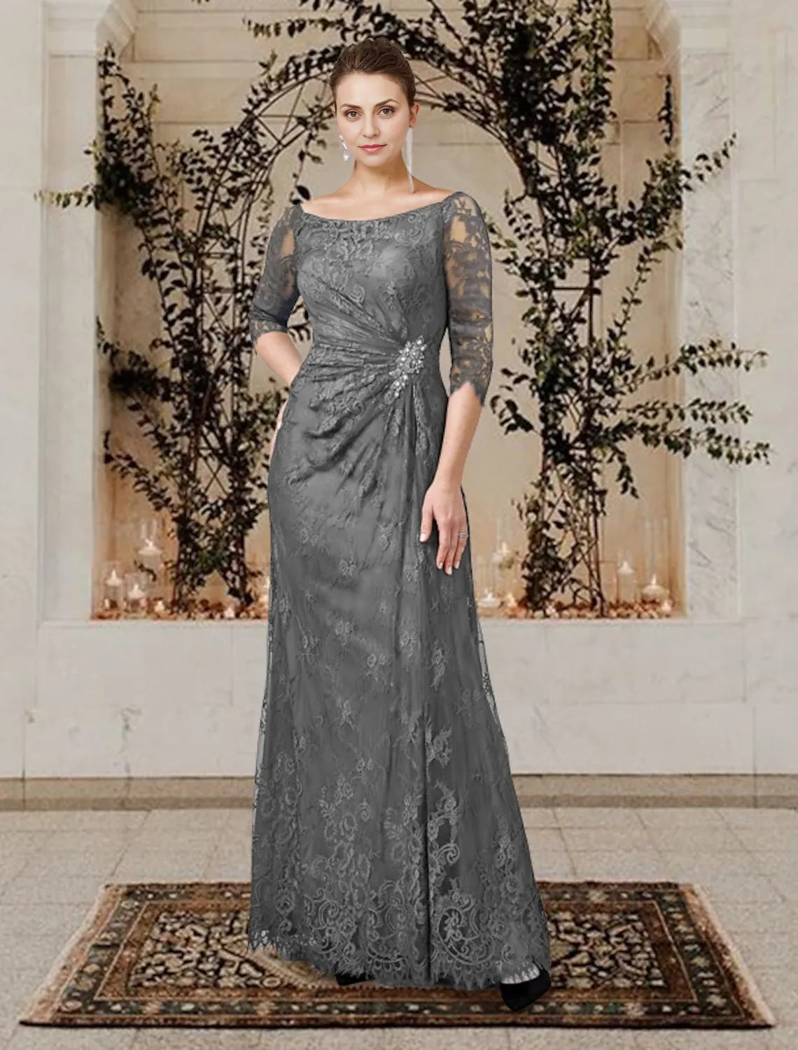 A-Line Jewel Neck Lace Applique Half Sleeves Floor-Length Mother of the Bride Dresses