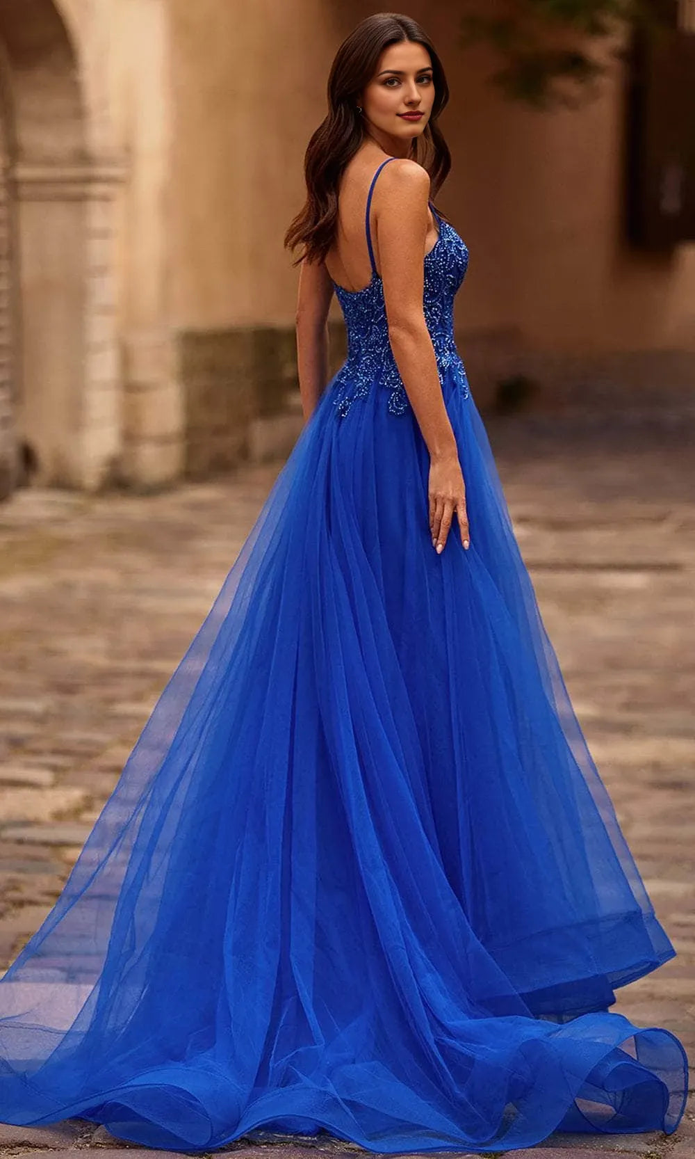 A-Line Lace Applique Blue Sleeveless Off-the-shoulder Spaghetti Strap Floor length Long Cocktail Dress Homecoming Dress Evening Dress Party Dress Prom Dress
