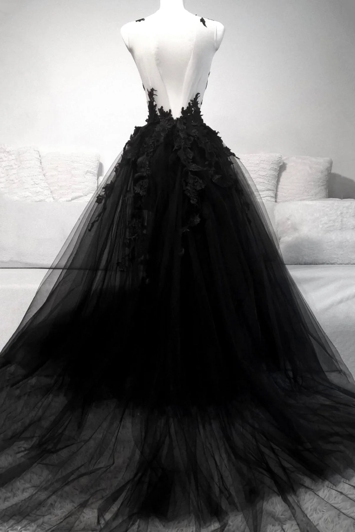 A-Line Lace Black Tulle Long Prom Dresses Evening Party Dresses