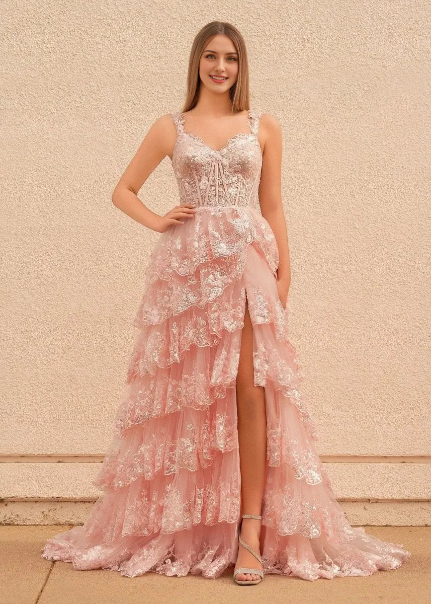 A-Line Lace Off-the-Shoulder Tiered Long with Slit Long Lace Up Floor Length Evening Dress Party Dresses Prom Dress