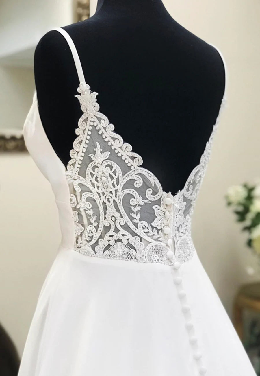 A-Line Lace White V-Neck Long Prom Dresses Evening Dresses Wedding Dress