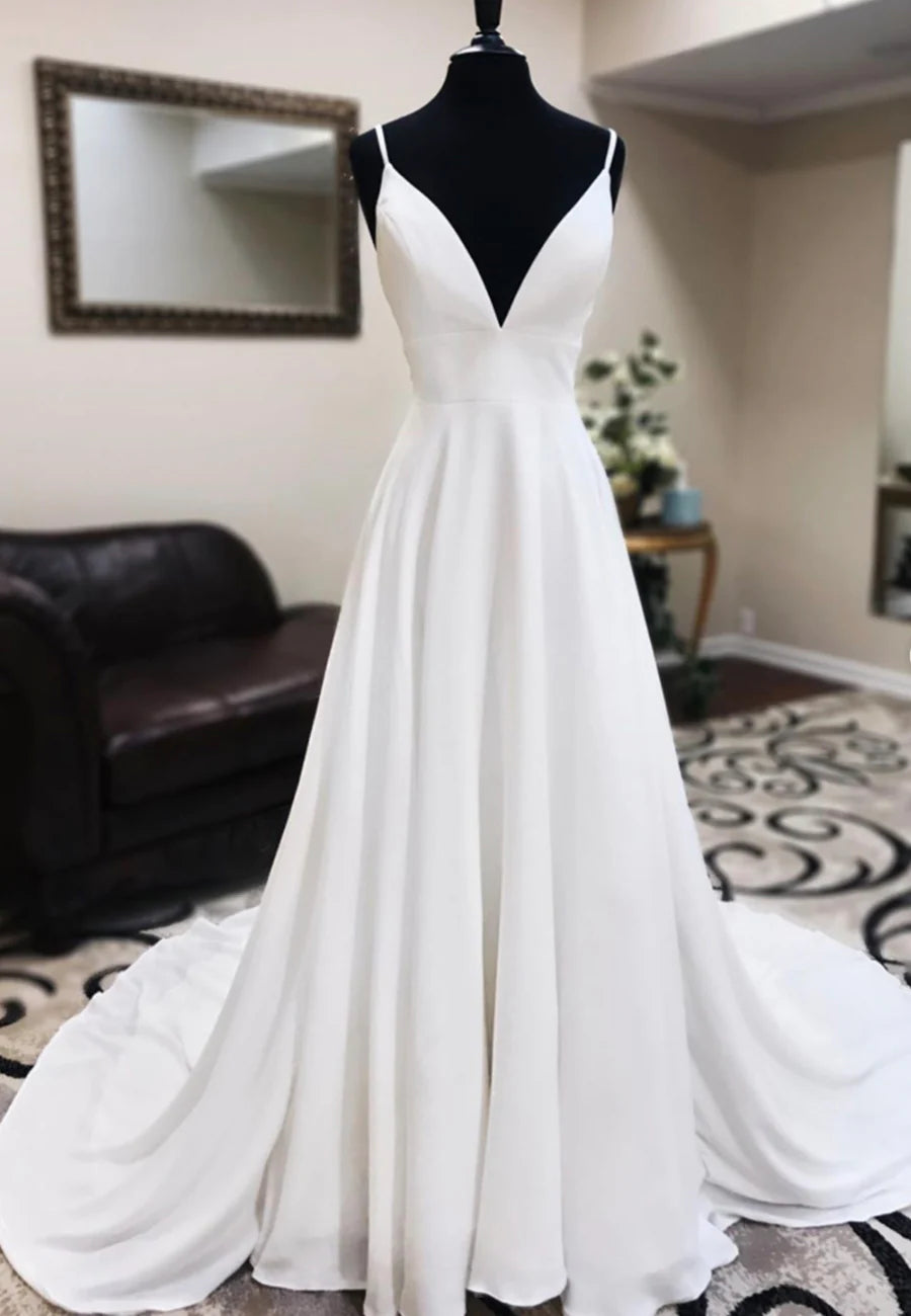 A-Line Lace White V-Neck Long Prom Dresses Evening Dresses Wedding Dress
