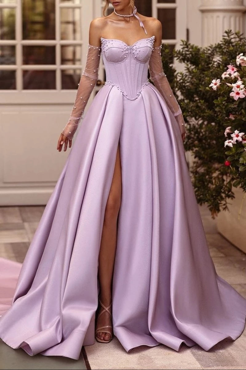 A-Line Lilac Sweetheart Satin Long Corset with Slit Evening Dress Party Dresses Prom Dress
