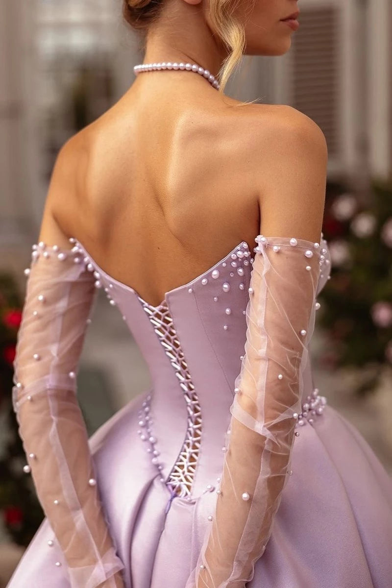 A-Line Lilac Sweetheart Satin Long Corset with Slit Evening Dress Party Dresses Prom Dress