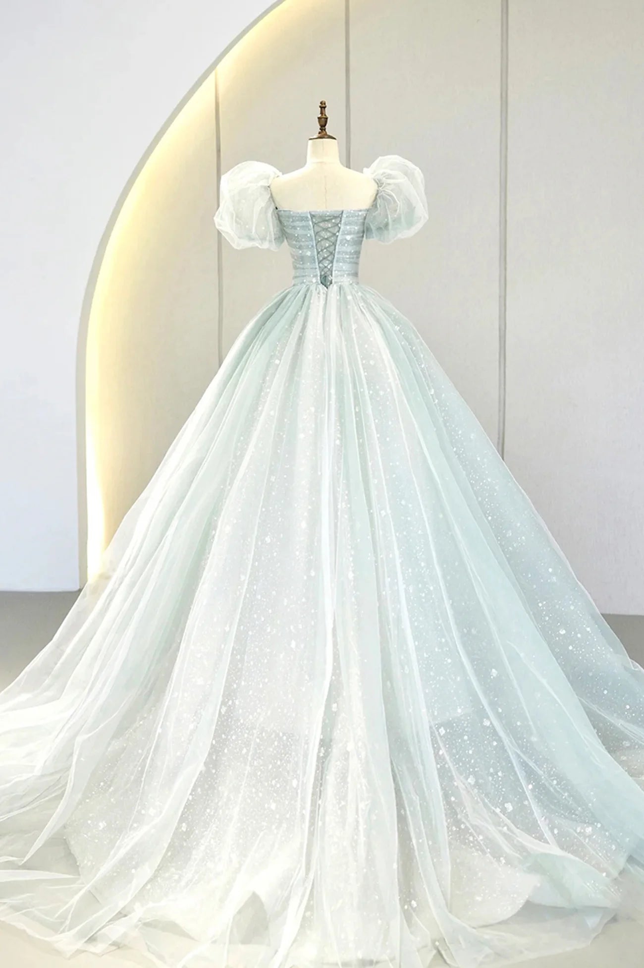 A-Line Long Lovely Puff Sleeve Tulle Formal Evening Gown  A-Line Long Prom Dress Wedding Dress