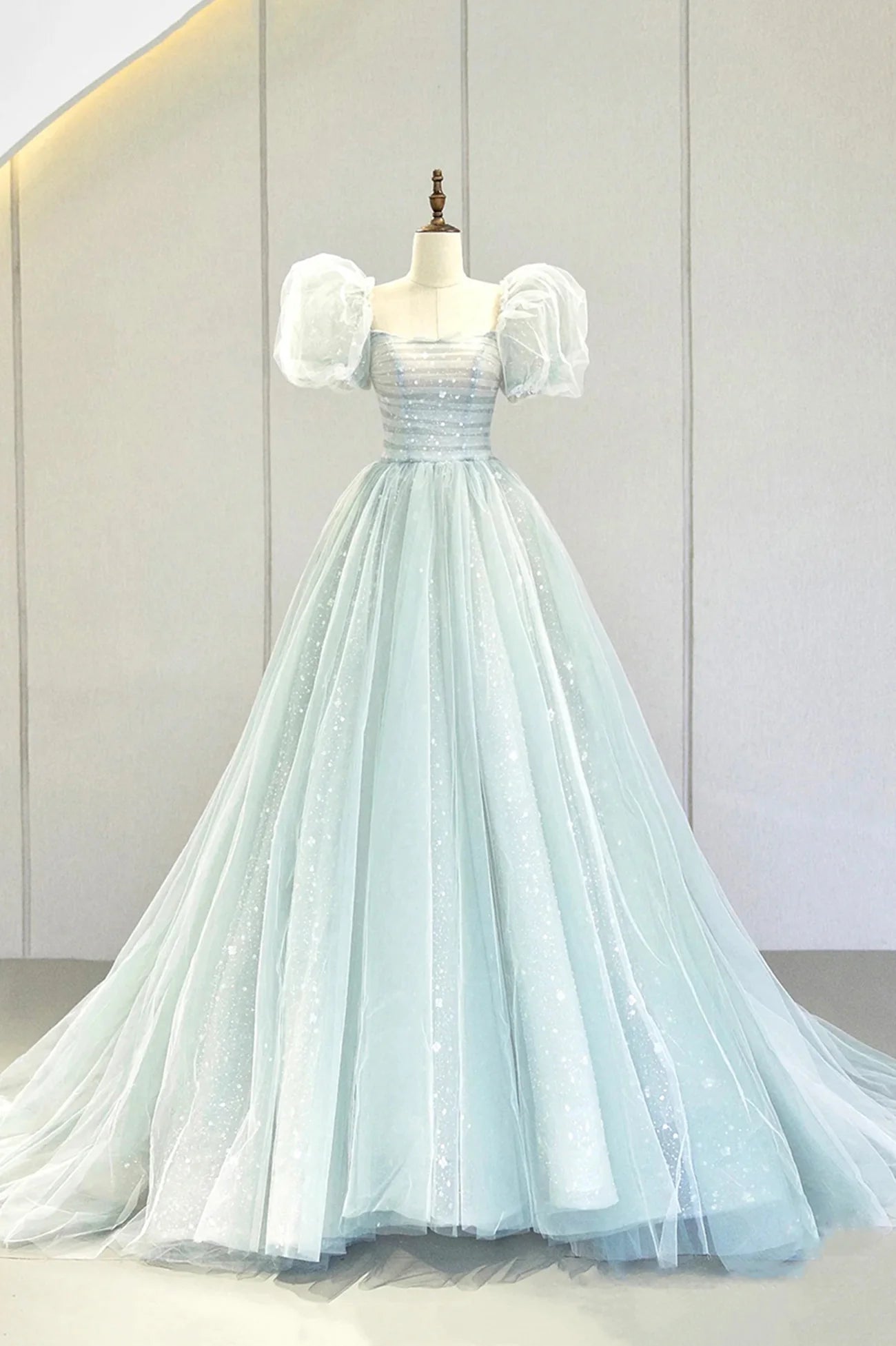 A-Line Long Lovely Puff Sleeve Tulle Formal Evening Gown  A-Line Long Prom Dress Wedding Dress