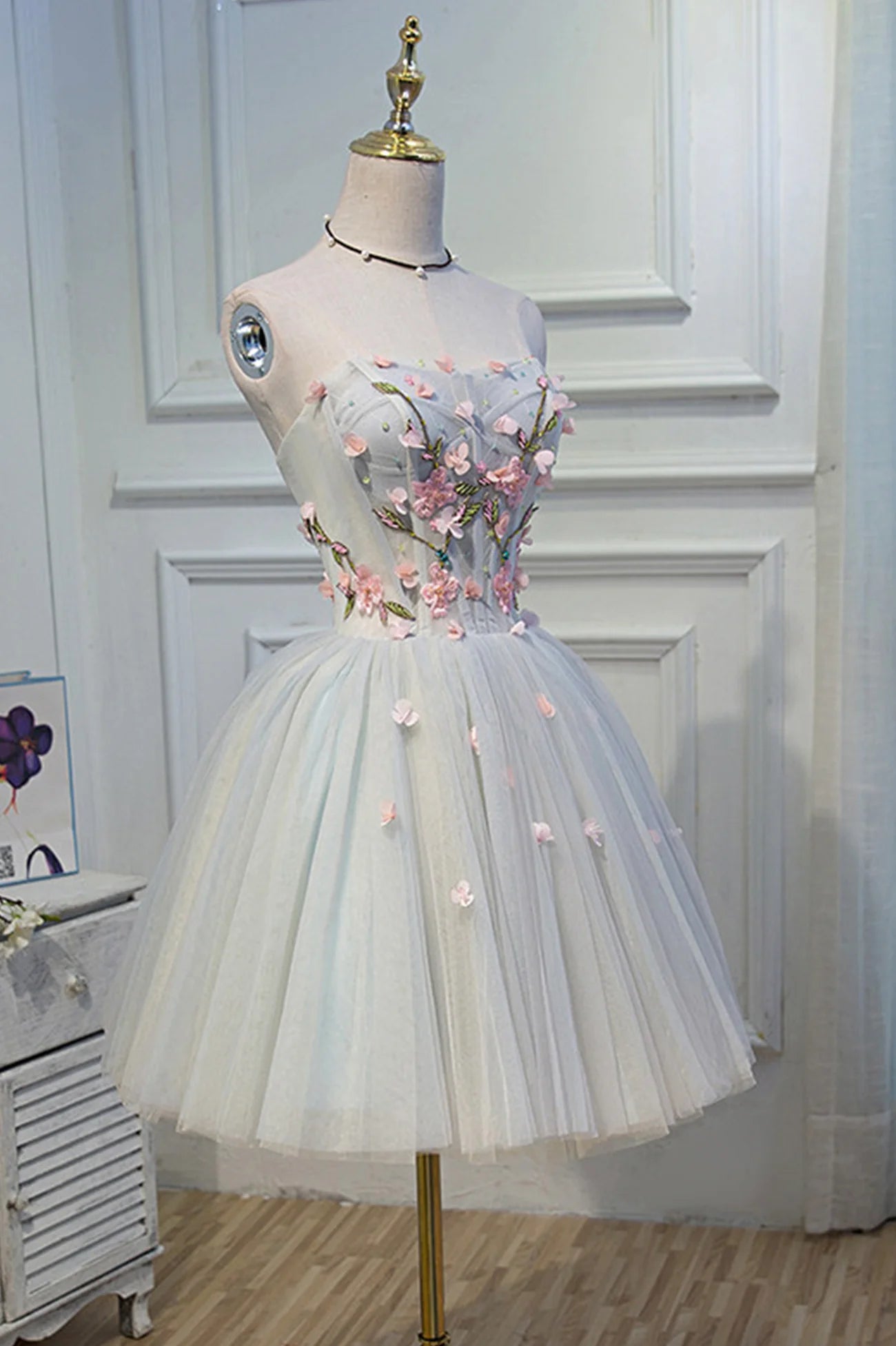 A-Line Lovely Strapless Tulle Lace Knee Length Prom Dress Party Dress