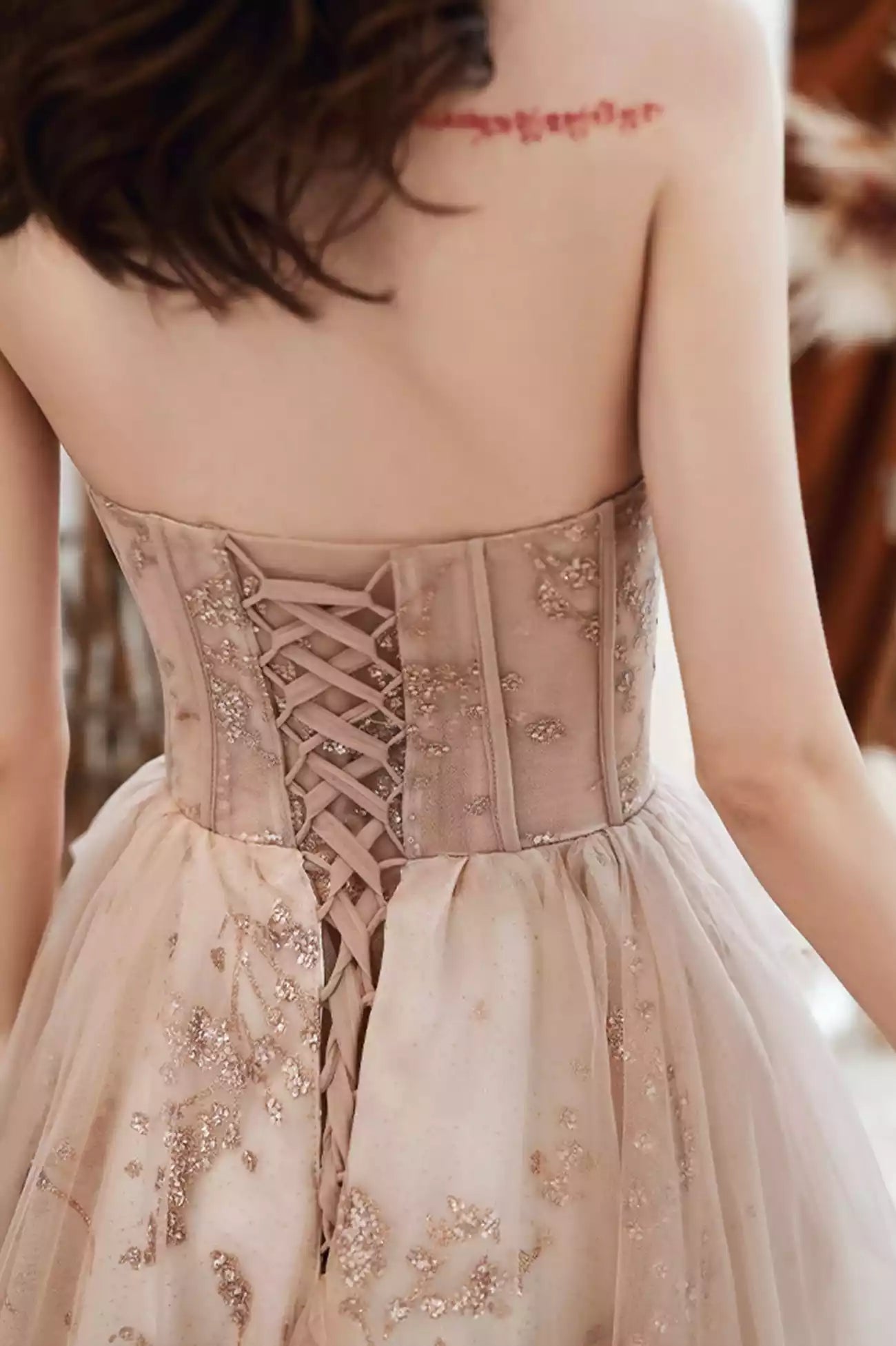 A-Line Lovely Strapless Tulle Sequined Long Prom Dresses Evening Party Dresses