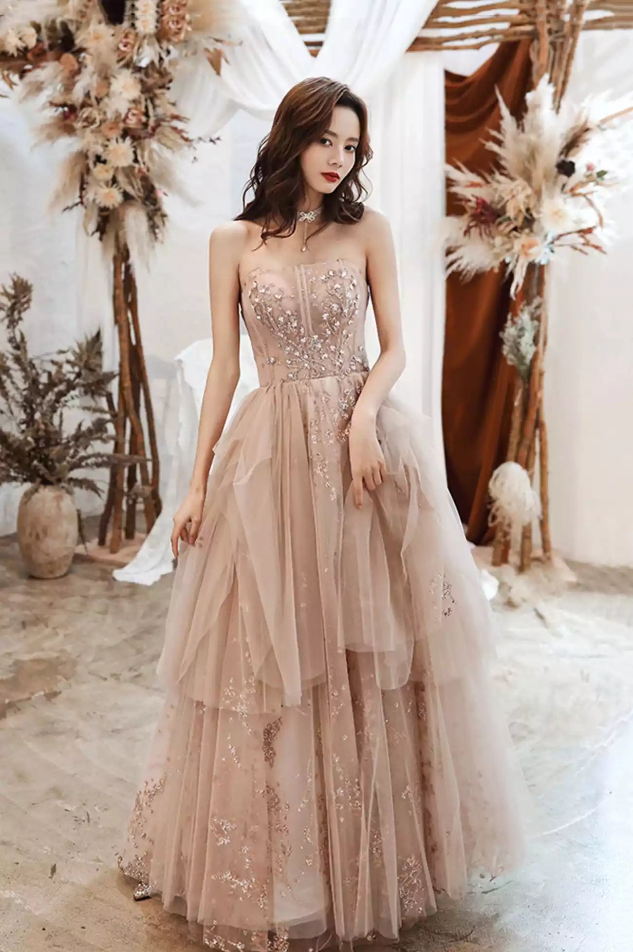 A-Line Lovely Strapless Tulle Sequined Long Prom Dresses Evening Party Dresses