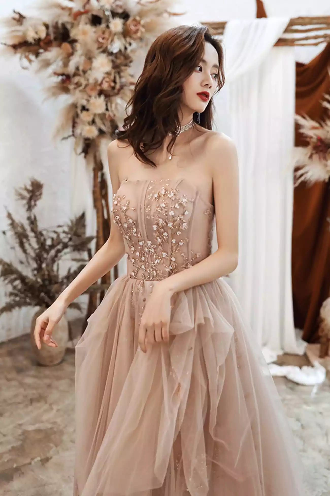 A-Line Lovely Strapless Tulle Sequined Long Prom Dresses Evening Party Dresses