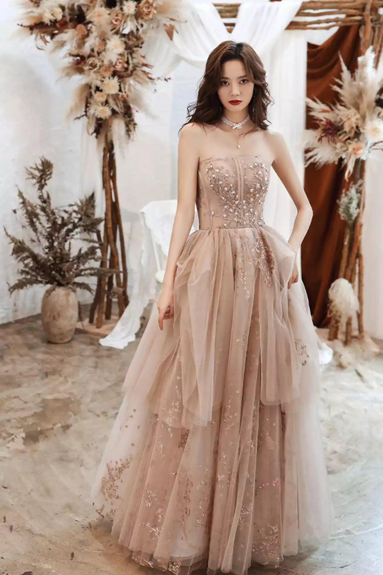 A-Line Lovely Strapless Tulle Sequined Long Prom Dresses Evening Party Dresses